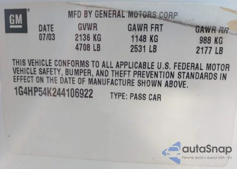 2004 Buick Lesabre Custom из США, поврежденный, VIN 1G4HP54K244106922